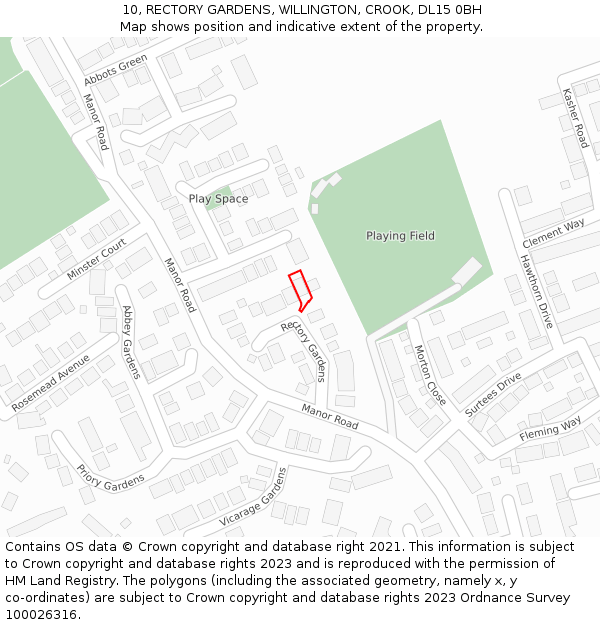 10, RECTORY GARDENS, WILLINGTON, CROOK, DL15 0BH: Location map and indicative extent of plot