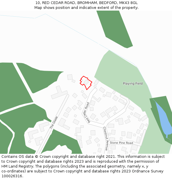 10, RED CEDAR ROAD, BROMHAM, BEDFORD, MK43 8GL: Location map and indicative extent of plot