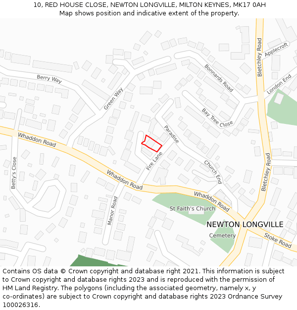 10, RED HOUSE CLOSE, NEWTON LONGVILLE, MILTON KEYNES, MK17 0AH: Location map and indicative extent of plot