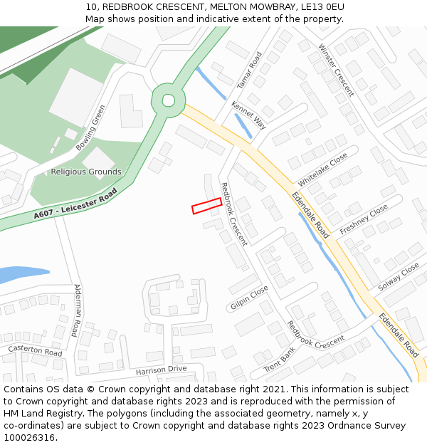 10, REDBROOK CRESCENT, MELTON MOWBRAY, LE13 0EU: Location map and indicative extent of plot