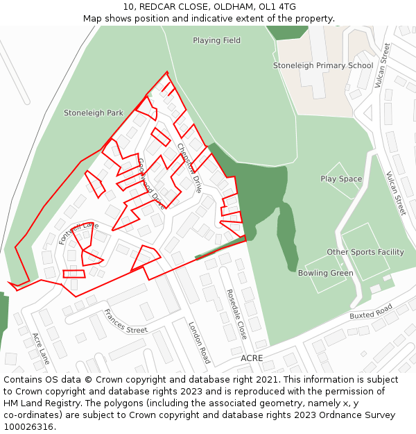 10, REDCAR CLOSE, OLDHAM, OL1 4TG: Location map and indicative extent of plot