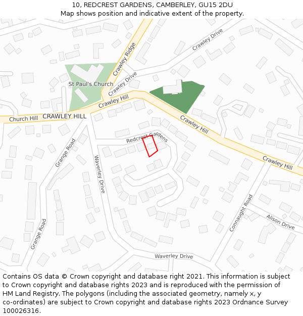 10, REDCREST GARDENS, CAMBERLEY, GU15 2DU: Location map and indicative extent of plot