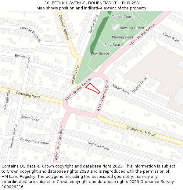 10, REDHILL AVENUE, BOURNEMOUTH, BH9 2SN: Location map and indicative extent of plot