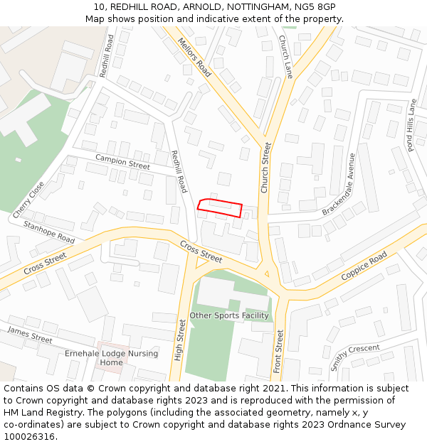 10, REDHILL ROAD, ARNOLD, NOTTINGHAM, NG5 8GP: Location map and indicative extent of plot