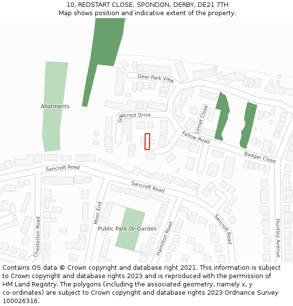 10, REDSTART CLOSE, SPONDON, DERBY, DE21 7TH: Location map and indicative extent of plot