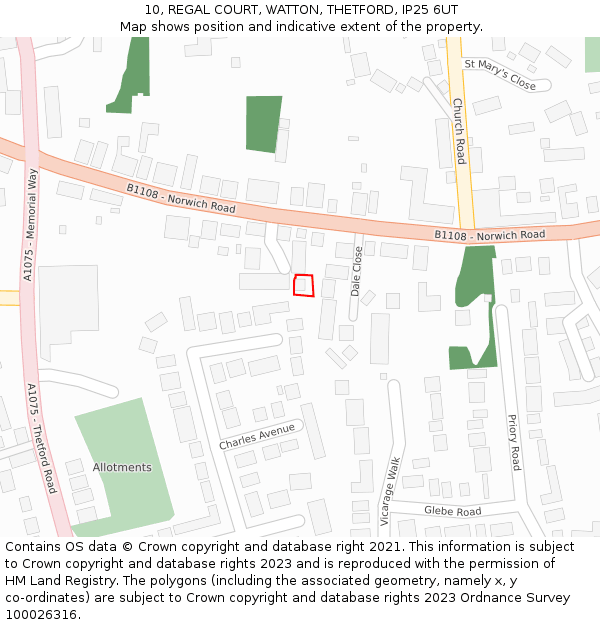 10, REGAL COURT, WATTON, THETFORD, IP25 6UT: Location map and indicative extent of plot