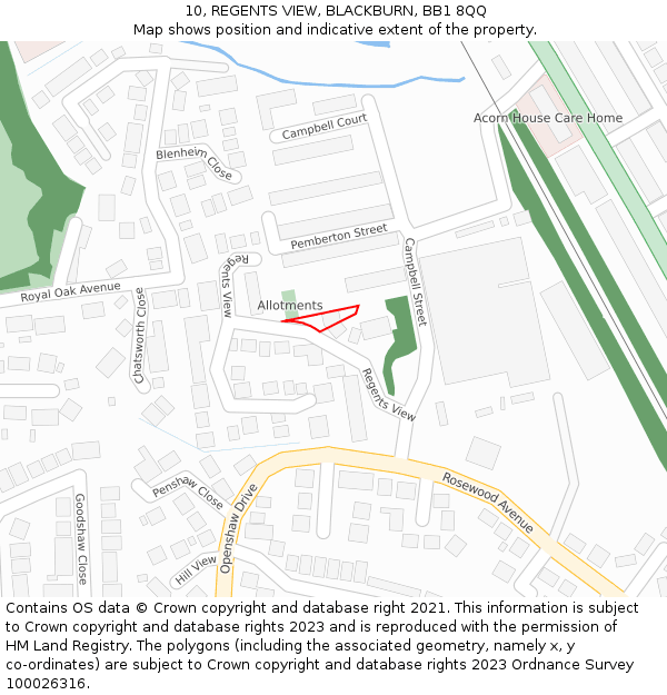 10, REGENTS VIEW, BLACKBURN, BB1 8QQ: Location map and indicative extent of plot