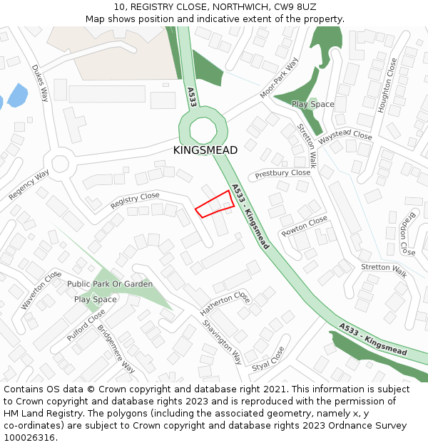 10, REGISTRY CLOSE, NORTHWICH, CW9 8UZ: Location map and indicative extent of plot