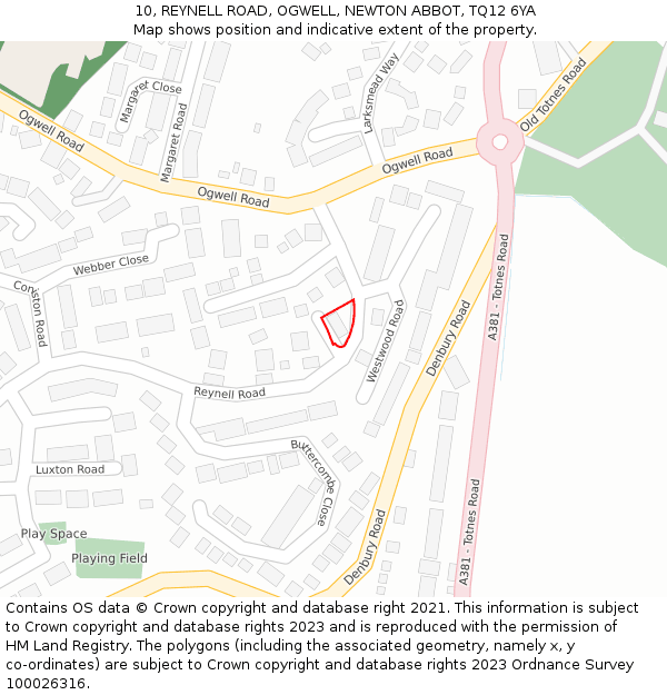 10, REYNELL ROAD, OGWELL, NEWTON ABBOT, TQ12 6YA: Location map and indicative extent of plot