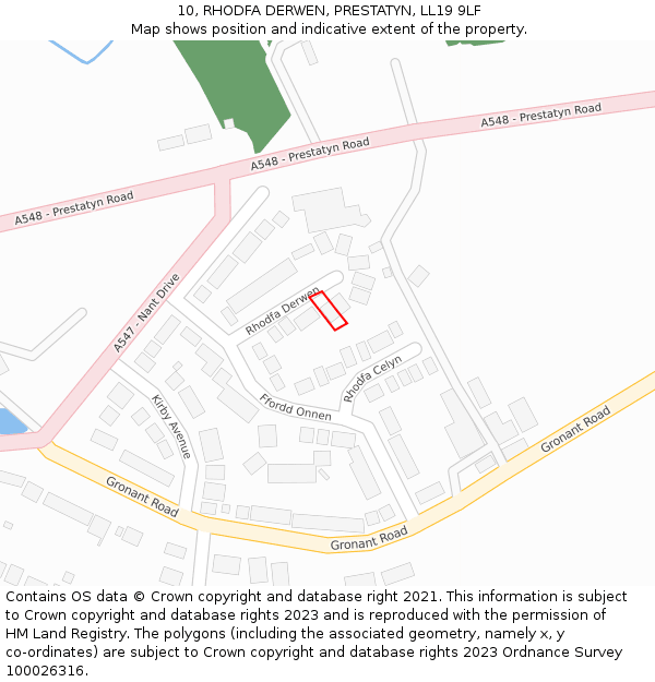 10, RHODFA DERWEN, PRESTATYN, LL19 9LF: Location map and indicative extent of plot