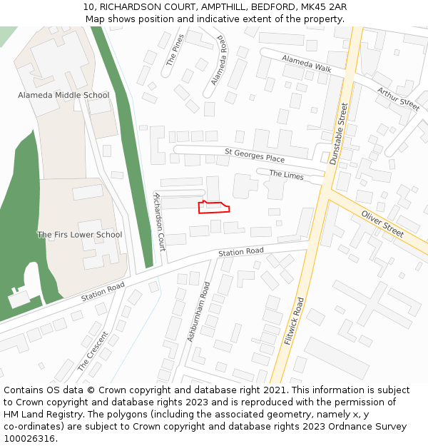 10, RICHARDSON COURT, AMPTHILL, BEDFORD, MK45 2AR: Location map and indicative extent of plot