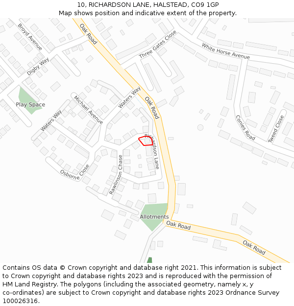 10, RICHARDSON LANE, HALSTEAD, CO9 1GP: Location map and indicative extent of plot