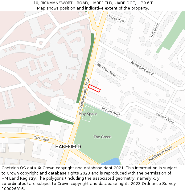 10, RICKMANSWORTH ROAD, HAREFIELD, UXBRIDGE, UB9 6JT: Location map and indicative extent of plot