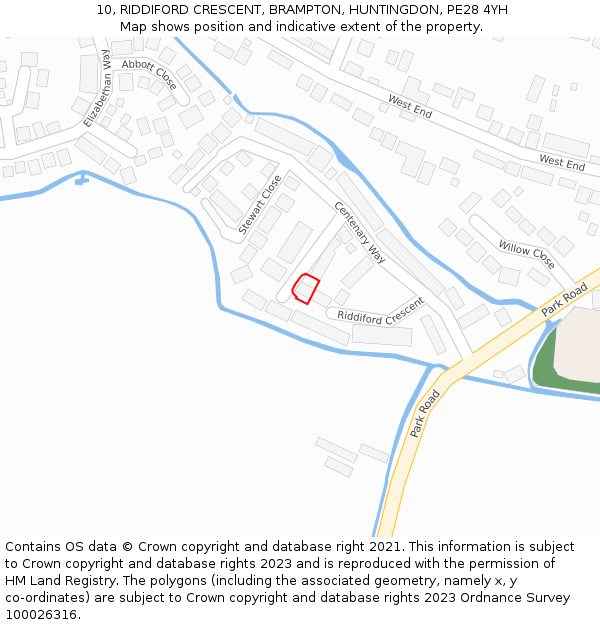 10, RIDDIFORD CRESCENT, BRAMPTON, HUNTINGDON, PE28 4YH: Location map and indicative extent of plot
