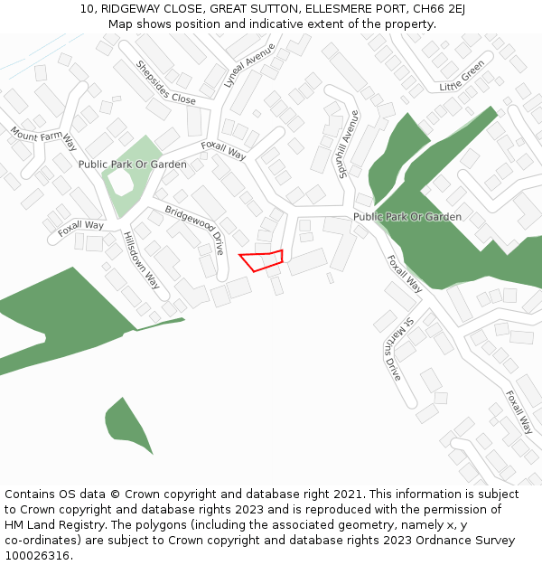 10, RIDGEWAY CLOSE, GREAT SUTTON, ELLESMERE PORT, CH66 2EJ: Location map and indicative extent of plot