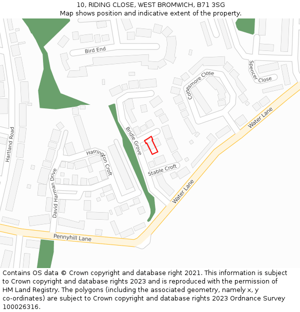 10, RIDING CLOSE, WEST BROMWICH, B71 3SG: Location map and indicative extent of plot
