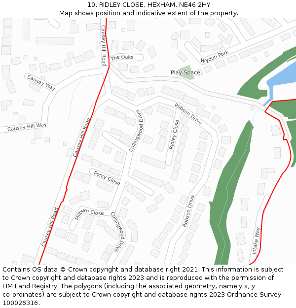 10, RIDLEY CLOSE, HEXHAM, NE46 2HY: Location map and indicative extent of plot