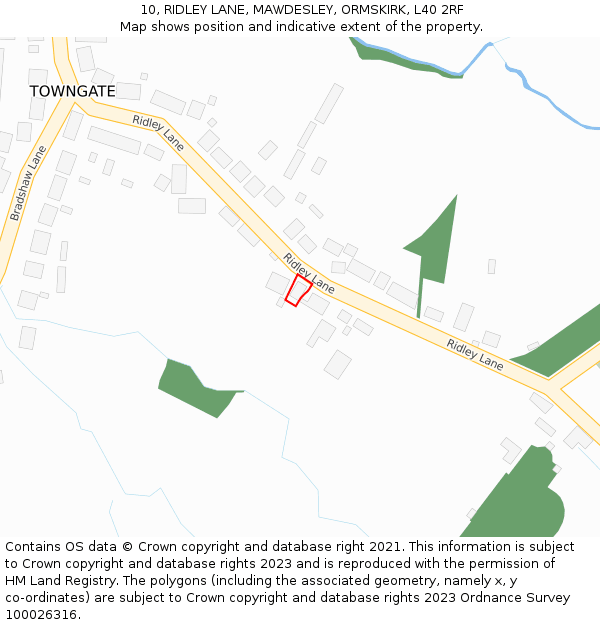 10, RIDLEY LANE, MAWDESLEY, ORMSKIRK, L40 2RF: Location map and indicative extent of plot