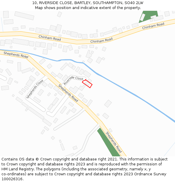 10, RIVERSIDE CLOSE, BARTLEY, SOUTHAMPTON, SO40 2LW: Location map and indicative extent of plot