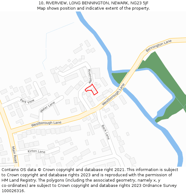 10, RIVERVIEW, LONG BENNINGTON, NEWARK, NG23 5JF: Location map and indicative extent of plot