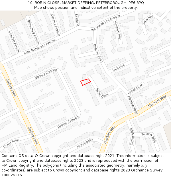 10, ROBIN CLOSE, MARKET DEEPING, PETERBOROUGH, PE6 8PQ: Location map and indicative extent of plot