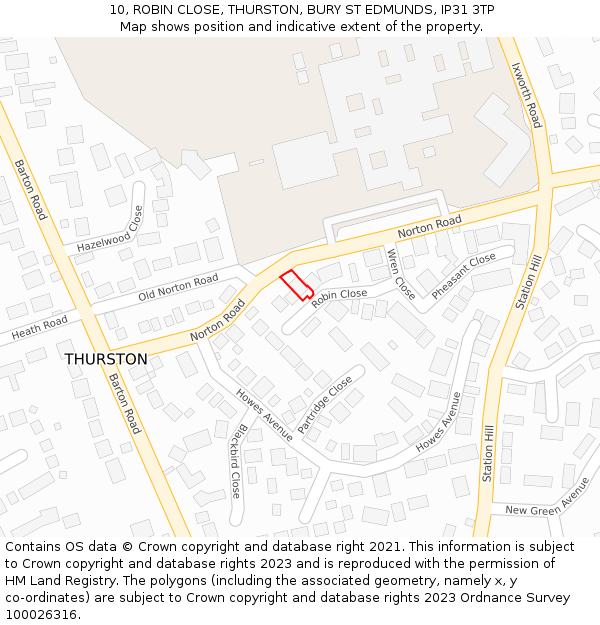 10, ROBIN CLOSE, THURSTON, BURY ST EDMUNDS, IP31 3TP: Location map and indicative extent of plot