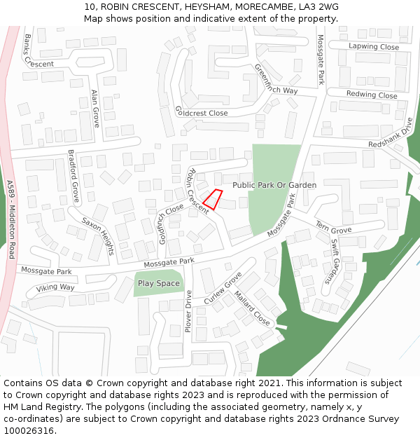 10, ROBIN CRESCENT, HEYSHAM, MORECAMBE, LA3 2WG: Location map and indicative extent of plot