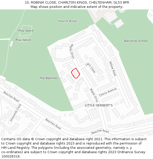 10, ROBINIA CLOSE, CHARLTON KINGS, CHELTENHAM, GL53 8PR: Location map and indicative extent of plot