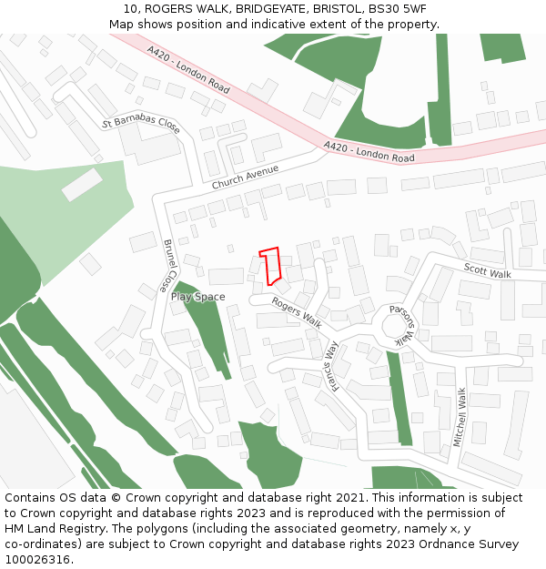10, ROGERS WALK, BRIDGEYATE, BRISTOL, BS30 5WF: Location map and indicative extent of plot