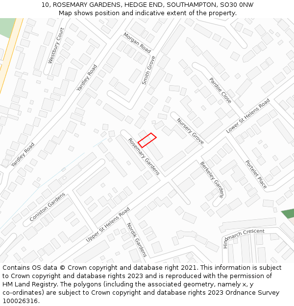 10, ROSEMARY GARDENS, HEDGE END, SOUTHAMPTON, SO30 0NW: Location map and indicative extent of plot