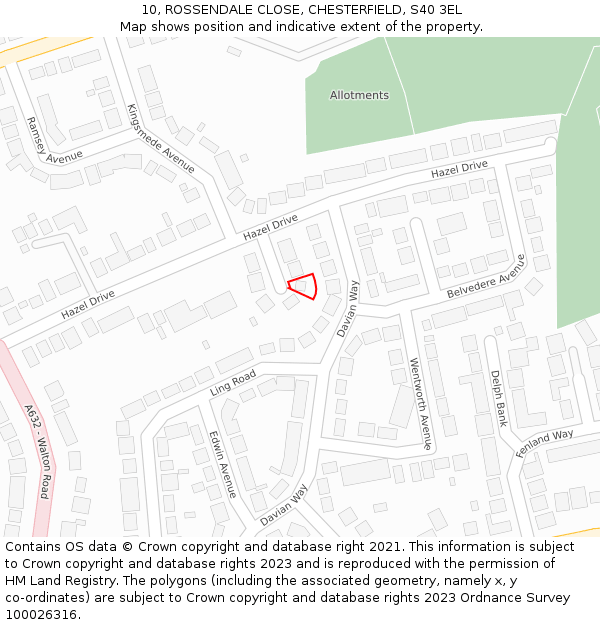 10, ROSSENDALE CLOSE, CHESTERFIELD, S40 3EL: Location map and indicative extent of plot