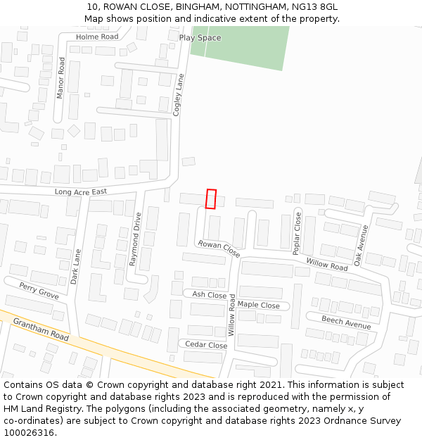 10, ROWAN CLOSE, BINGHAM, NOTTINGHAM, NG13 8GL: Location map and indicative extent of plot