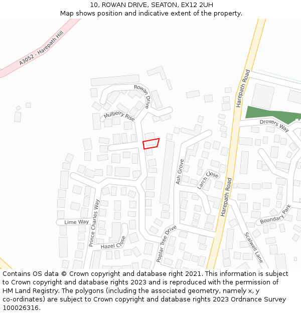 10, ROWAN DRIVE, SEATON, EX12 2UH: Location map and indicative extent of plot