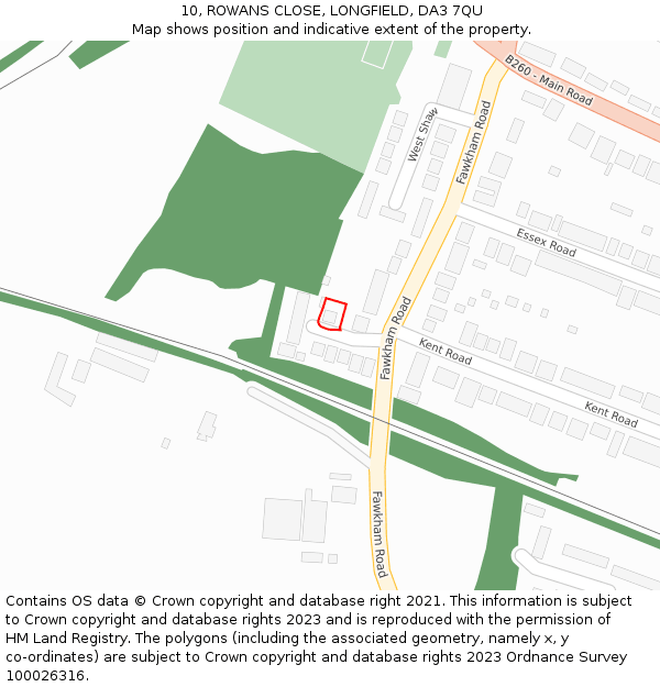 10, ROWANS CLOSE, LONGFIELD, DA3 7QU: Location map and indicative extent of plot
