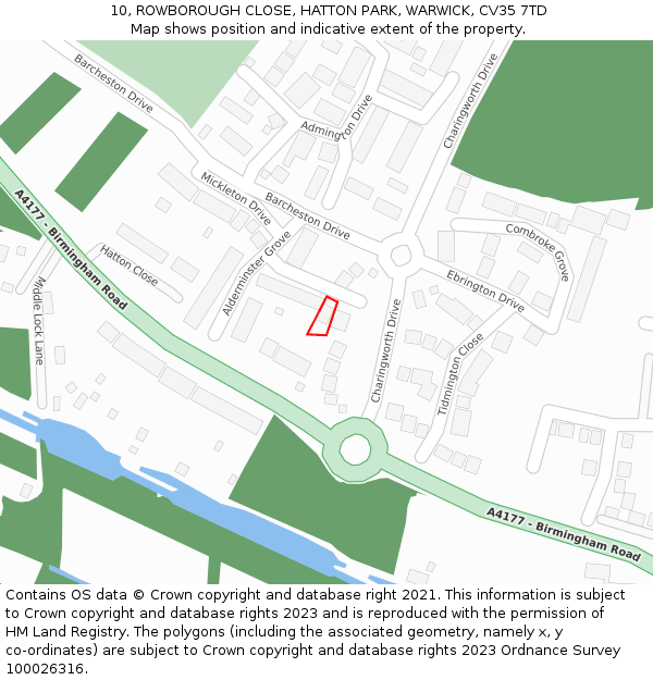 10, ROWBOROUGH CLOSE, HATTON PARK, WARWICK, CV35 7TD: Location map and indicative extent of plot