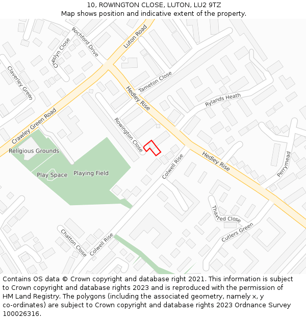 10, ROWINGTON CLOSE, LUTON, LU2 9TZ: Location map and indicative extent of plot