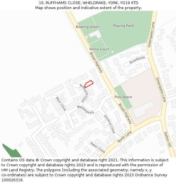10, RUFFHAMS CLOSE, WHELDRAKE, YORK, YO19 6TD: Location map and indicative extent of plot