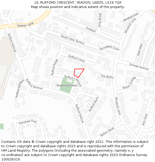 10, RUFFORD CRESCENT, YEADON, LEEDS, LS19 7QX: Location map and indicative extent of plot