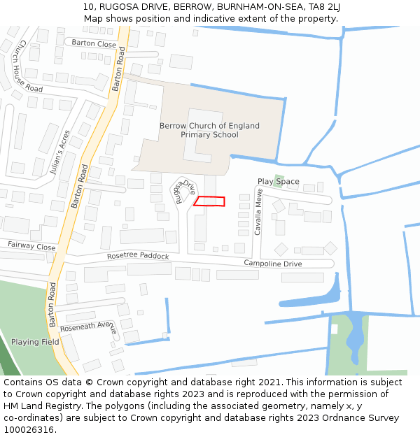 10, RUGOSA DRIVE, BERROW, BURNHAM-ON-SEA, TA8 2LJ: Location map and indicative extent of plot