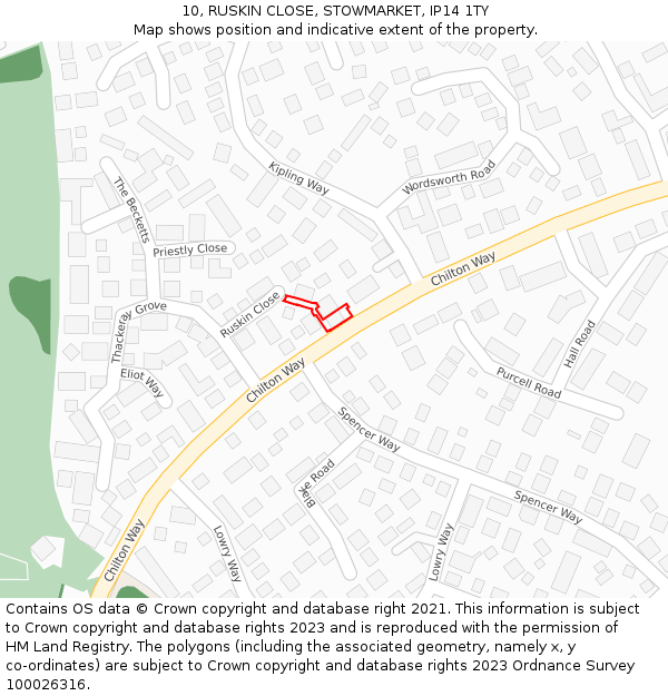 10, RUSKIN CLOSE, STOWMARKET, IP14 1TY: Location map and indicative extent of plot