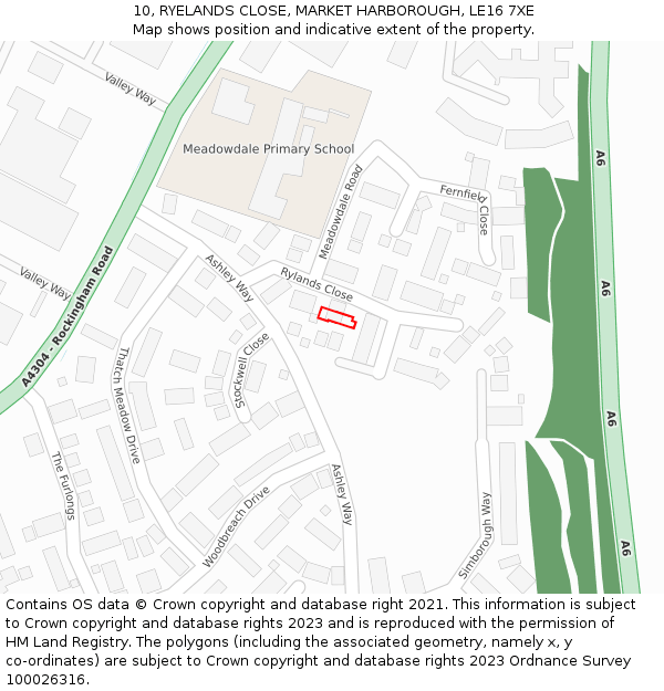 10, RYELANDS CLOSE, MARKET HARBOROUGH, LE16 7XE: Location map and indicative extent of plot