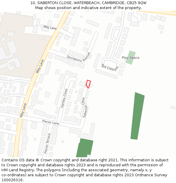 10, SABERTON CLOSE, WATERBEACH, CAMBRIDGE, CB25 9QW: Location map and indicative extent of plot