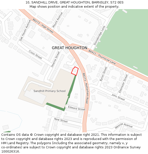 10, SANDHILL DRIVE, GREAT HOUGHTON, BARNSLEY, S72 0ES: Location map and indicative extent of plot