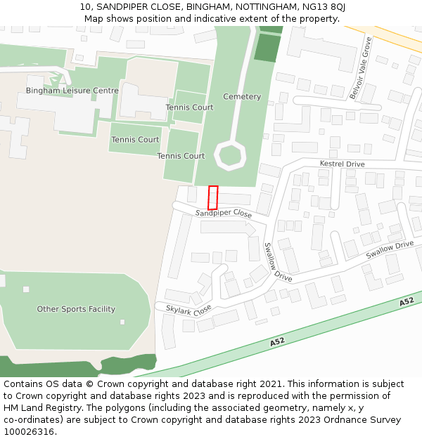 10, SANDPIPER CLOSE, BINGHAM, NOTTINGHAM, NG13 8QJ: Location map and indicative extent of plot