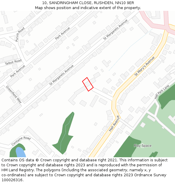 10, SANDRINGHAM CLOSE, RUSHDEN, NN10 9ER: Location map and indicative extent of plot