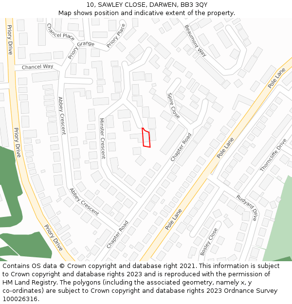 10, SAWLEY CLOSE, DARWEN, BB3 3QY: Location map and indicative extent of plot