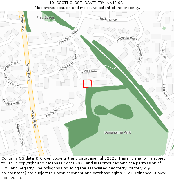 10, SCOTT CLOSE, DAVENTRY, NN11 0RH: Location map and indicative extent of plot