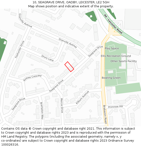 10, SEAGRAVE DRIVE, OADBY, LEICESTER, LE2 5GH: Location map and indicative extent of plot