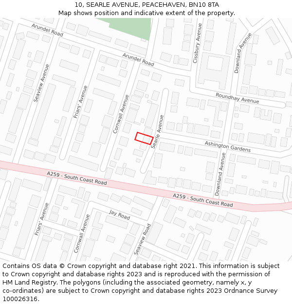 10, SEARLE AVENUE, PEACEHAVEN, BN10 8TA: Location map and indicative extent of plot