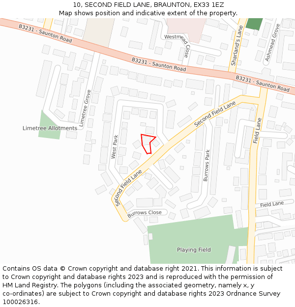 10, SECOND FIELD LANE, BRAUNTON, EX33 1EZ: Location map and indicative extent of plot